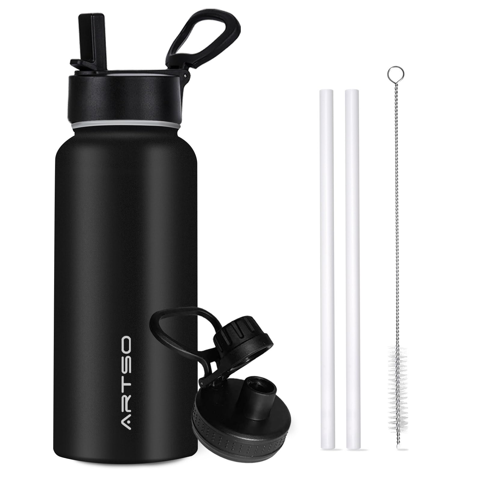 ARTSO 32 oz Insulated Water Bottle Stainless Steel Double Walled Vacuum Leak Proof Hot Cold Sports Water Bottle with 2 Lids (Straw and Spout Lid) for Gym Camping Hiking Travel, Cool Black