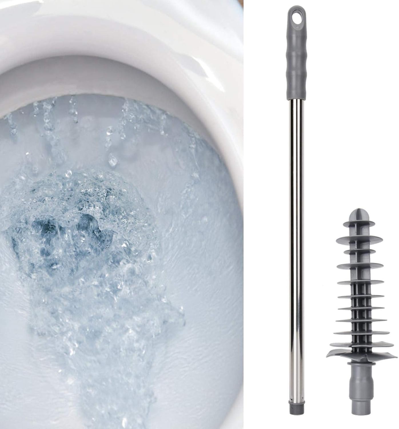 Haofy Toilet Plunger Long Handle Toilet Dredge Bathroom Blockage Unblocker Flexible Head Clog Remover Dredge Tool, Stainless Steel Handle with Wall Hook