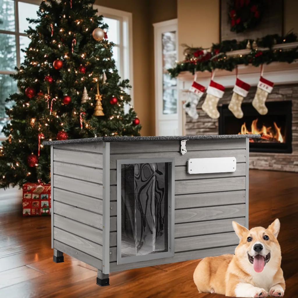 Ketive 34" L Outdoor Dog House Weatherproof Wooden Igloo Dog House with Bite-Proof Frame for Small Dogs Indoor,Waterproof House for Dogs Outside PET63-Grey