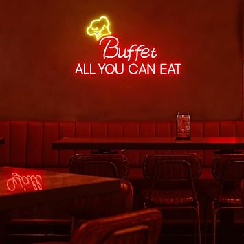 Buffet Neon Sign 25 inches Led All You Can Eat Buffet Business Open Light Up Signs Wall Decor for Kitchen Restaurant Shop Club Decorations