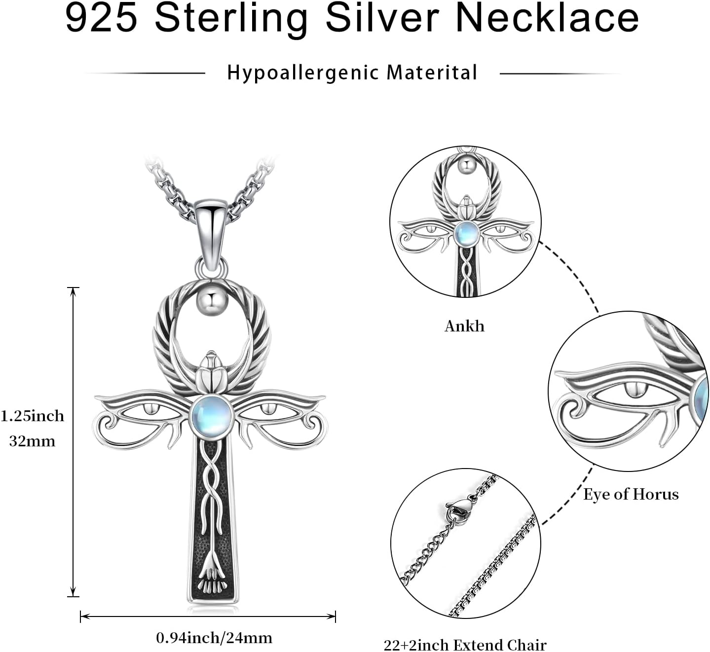 KiiKii Ankh Necklace for Men Women 925 Sterling Silver Eye of Horus Ankh Cross Pendant Necklace Ancient Egyptian Jewelry Gifts for Christmas Birthday Anniversary - Image 2