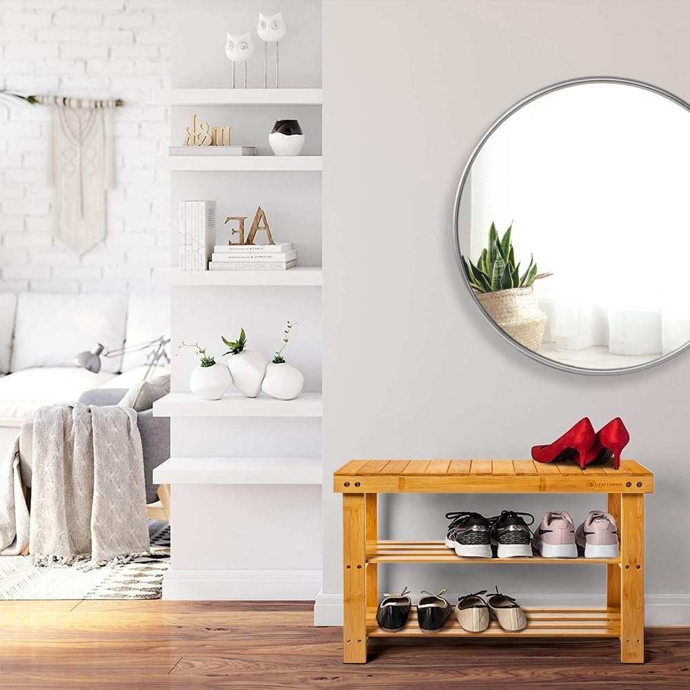 Leaf & Grain Bamboo Shoe Rack - Shoe Storage Bench for Front Door Entrance - Entryway Bench with Shoe Shelf, Shoe Storage Organizer, Wooden Shoe Rack, Durable Shoe Bench for Home (Natural)