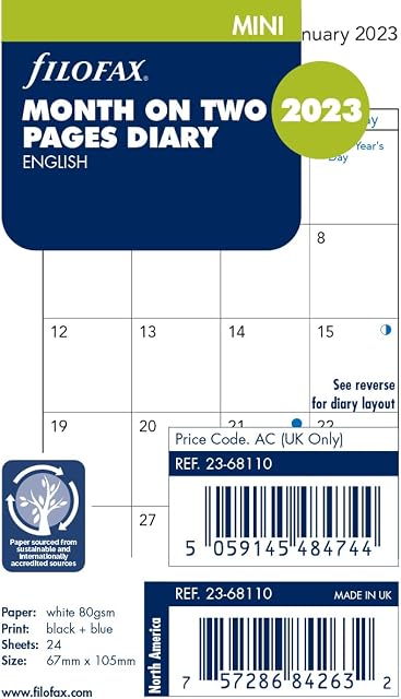 Filofax Mini Month on Two Pages English 2023 Diary, White (23-68110)