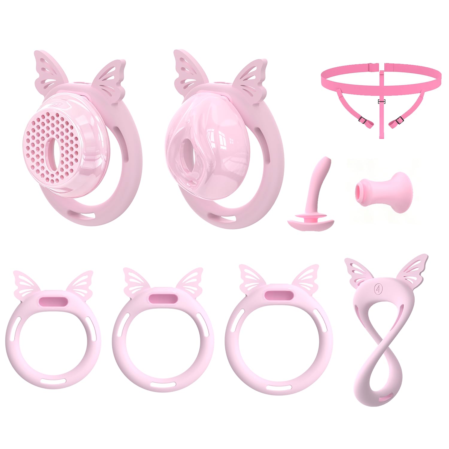 Male Flat Chastity Cage 2-Piece Set, Yithuet Soft Rings Chastity Cage with Three-Way Adjustable Chastity Belt, Inverted Chastity Catheter, Biobased Resin Material Cock Cage (Light Pink) Pearly Light Pink