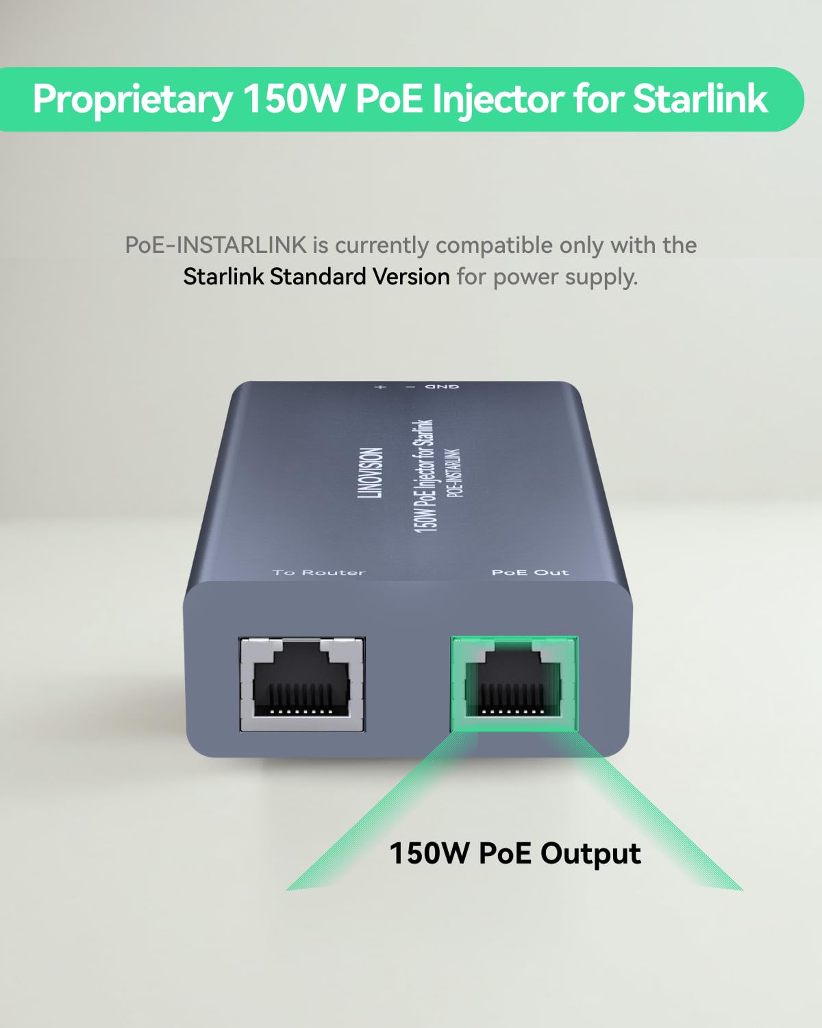 LINOVISION Injecteur PoE Haute Puissance 150W Full Gigabit pour Starlink avec Entrée 48-57V / 3A 10/100/1000M