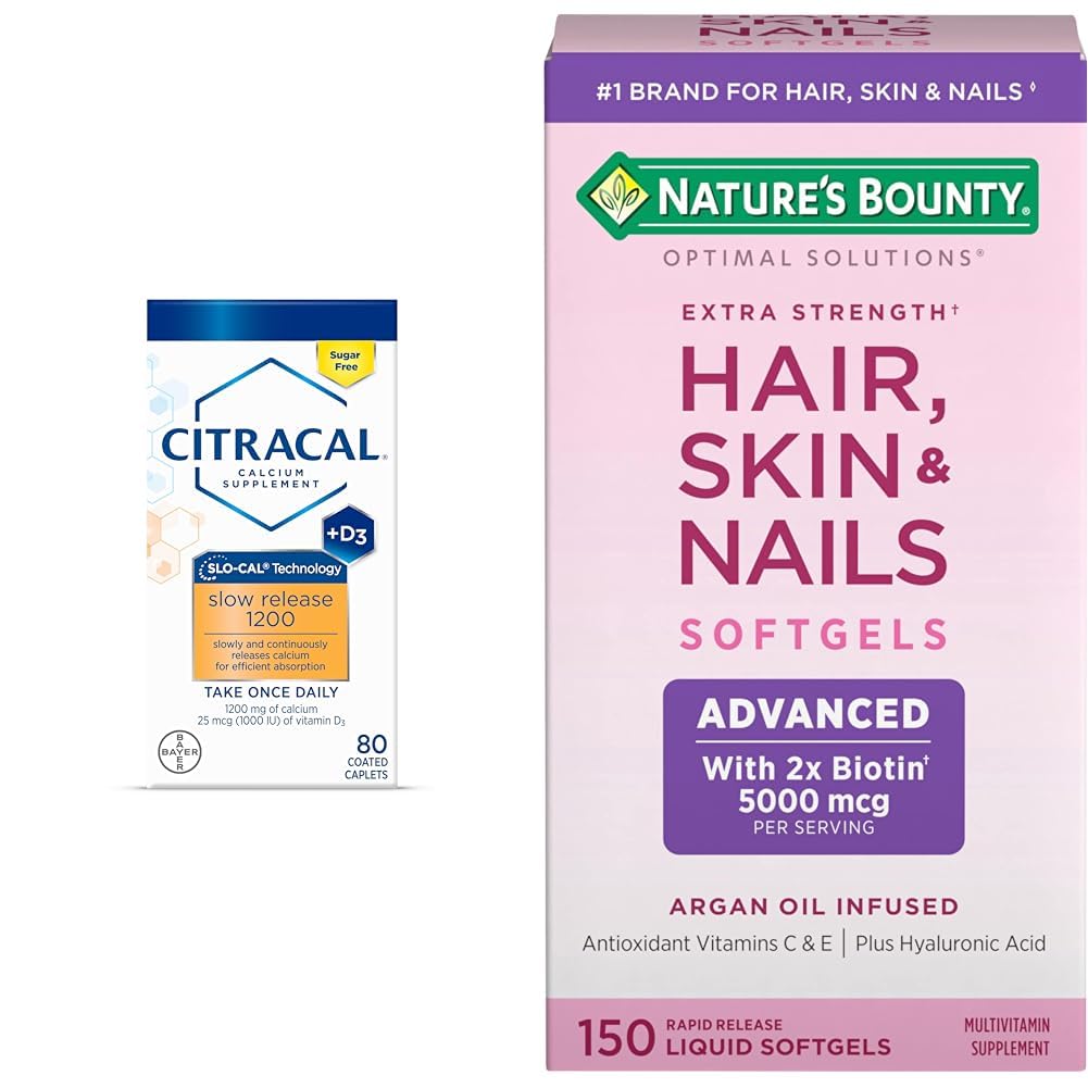 CITRACAL Slow Release 1200, 1200 mg Calcium Citrate and Calcium Carbonate Blend & Nature's Bounty Advanced Hair, Skin & Nails