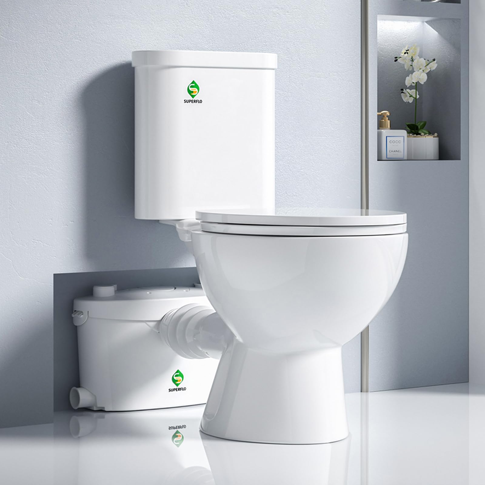 SUPERFLOMacerating Toilet System Silent & Powerful Upflush Toilet to Bathroom Sink &Tub with 600W Toilet Pump & AC Vent for Basement
