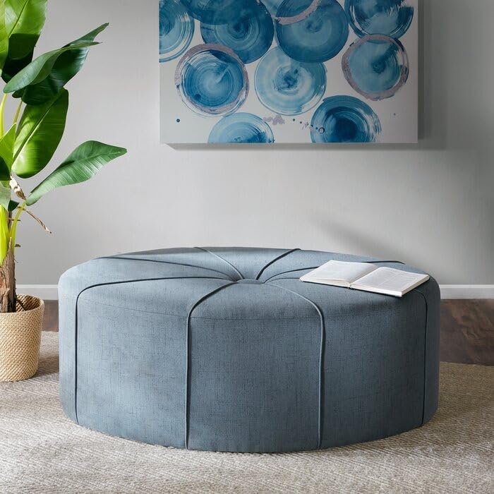 Combo - Button Tufted Round Cocktail Ottoman Coffee Table for Living Room – Grey Blue + Regal Velvet Square Tufted Storage Ottoman with Hidden Compartment – Grey