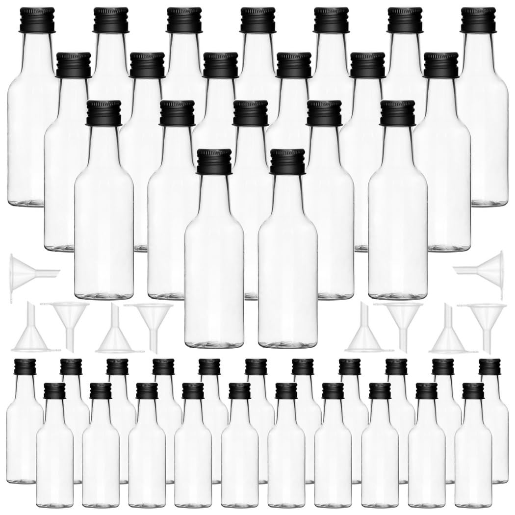 Zestaw 50 mini butelek na alkohol, 48 ml puste butelki z aluminiowymi nakrętkami, zawiera lejki, idealne na wesela i upominki imprezowe