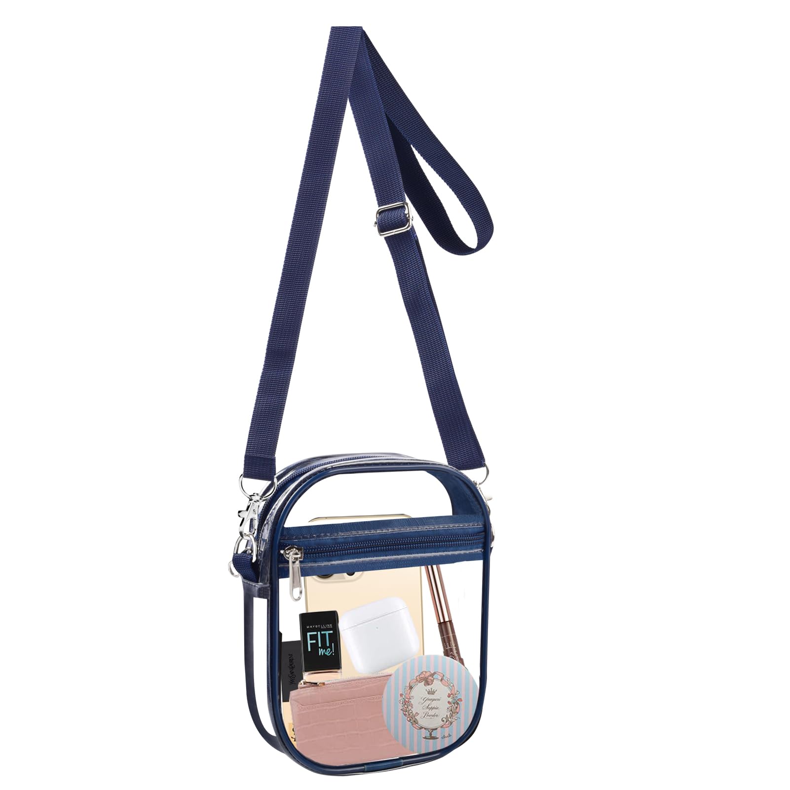 Fibrdoo Clear Crossbody Purse Bag, Clear Bag Stadium Approved with Front Pocket for Concerts Sports Festivals (Navy-Small)