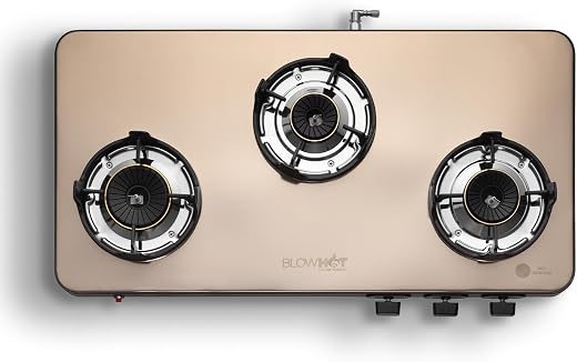 BLOWHOT Crystal 3 Burner Auto-Ignition Tornado Brass Burner Gas Stove (ISI Certi.), Stainless Steel Top – DOORSTEP SERVICE + 2Yr General & 5 Year…
