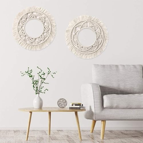 Miniatura 9 de Garneck Tapiz tejido de macramé, 13.5 pulgadas para colgar en la pared, flecos redondos bohemios, decoración de pared estilo nórdico, decoración