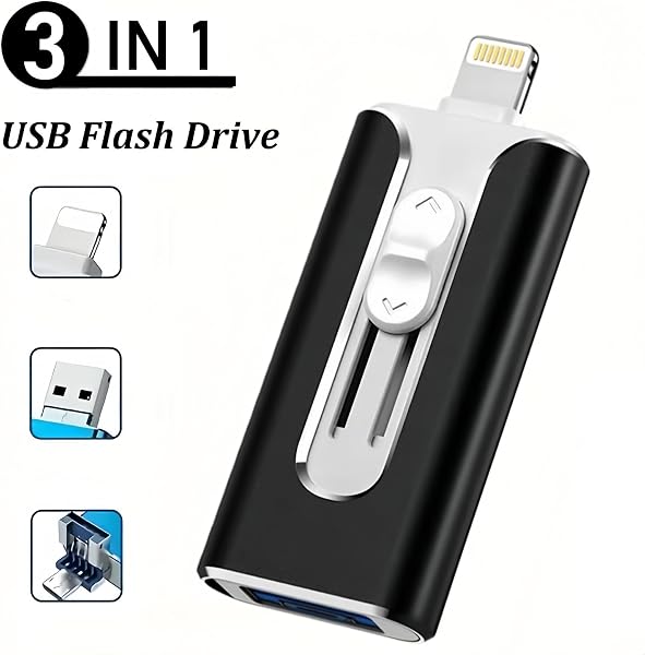3-in-1 Flash Drive, 64GB Large Capacity Memory Stick Compatible with iOS/Android/PC, USB Flash Drive for Mobile Phones and Computers, High-Speed Memory Stick for External Data Storage (Black) - 2
