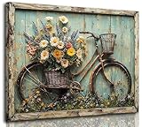 Rustic Farmhouse Daisy Floral Canvas Wall art Vintage Bicycle Flowers Painting Picture Wall Decor Flower Still Life Poster Print Artwork for Bathroom Living Room Bedroom Home Decoration