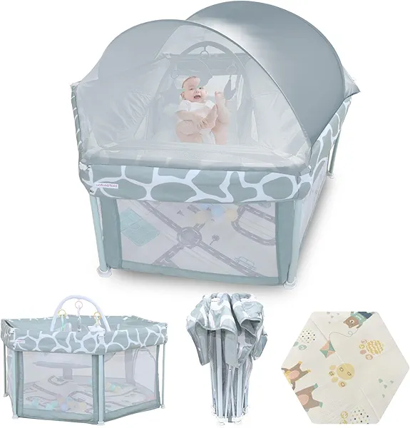 Baby Playard Toddlers, 50"*50" Foldable Playpen with Mat, Equipped with A Detachable Double-Deck Crib and Play Tent, Sunproof and Mosquito-Proof Baby Playard for Indoor or Outdoor