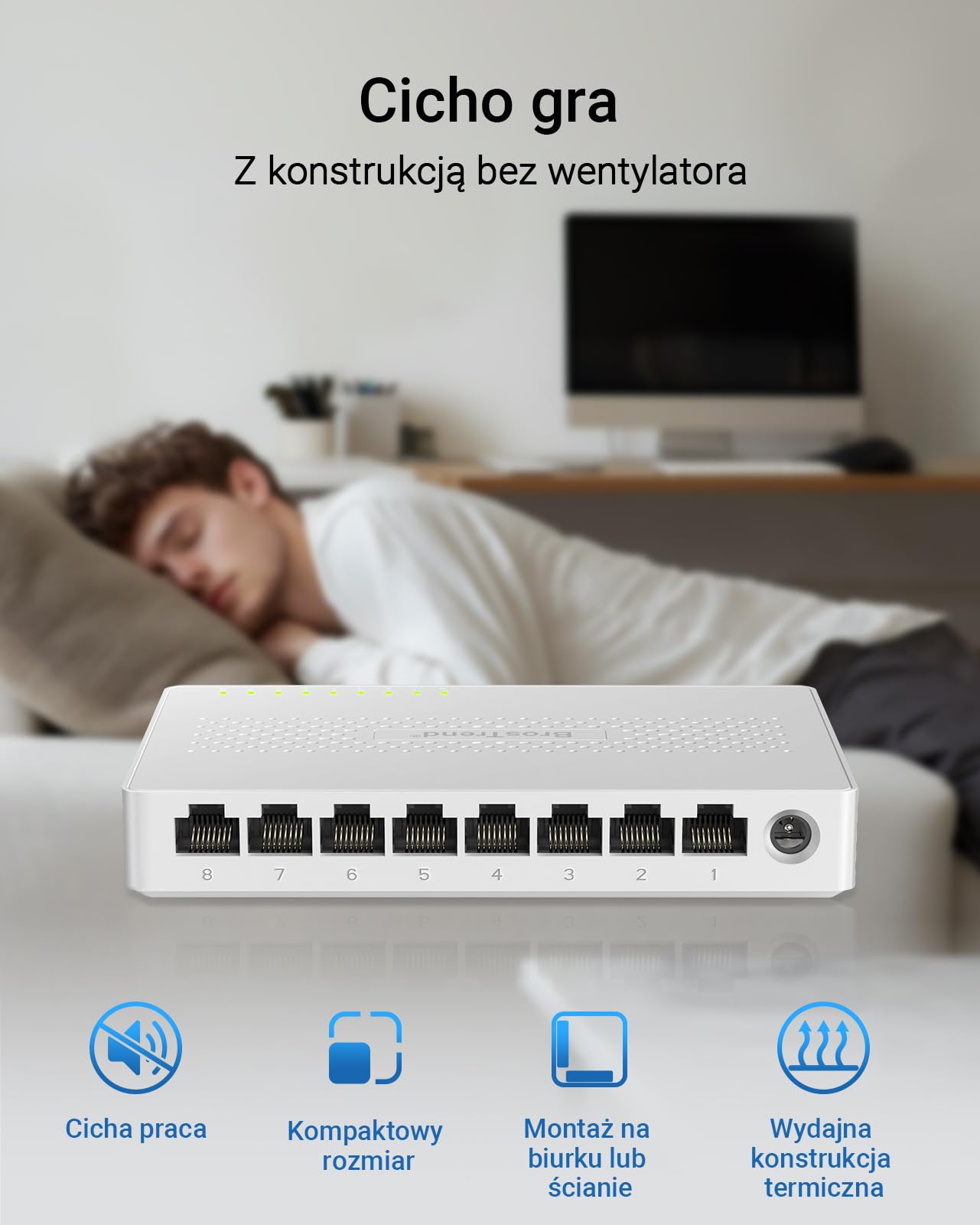 BrosTrend Przełącznik 8 portów 2,5 GB niezarządzany, dożywotnia ochrona | Plug & Play przełącznik Ethernet do konsoli do gier, komputera, NAS itp. Przełącznik sieciowy 2,5 Gigabit bez wentylatora