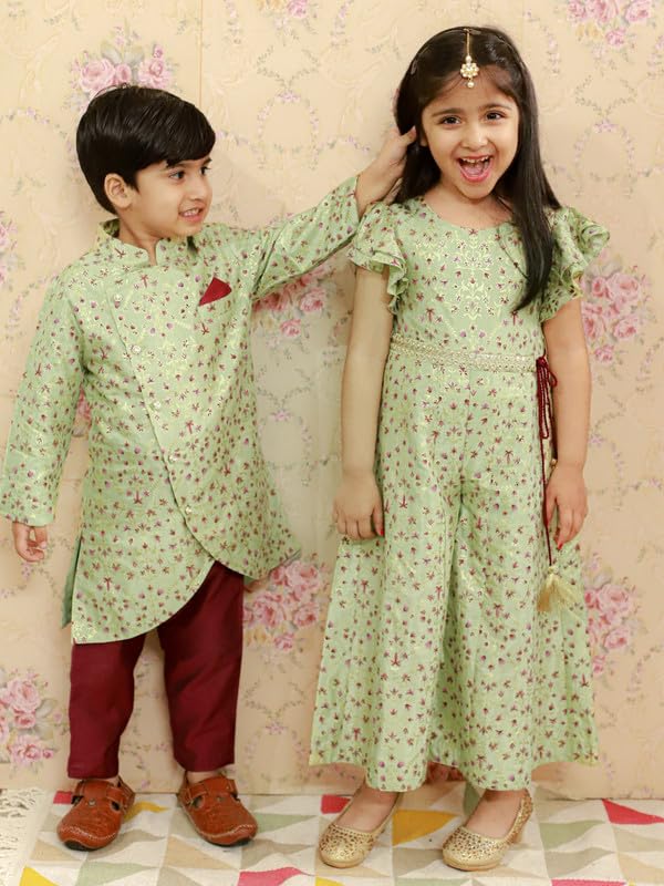 Image of Lil Drama Boys Ethnic Kurta Pyjama Green Colour