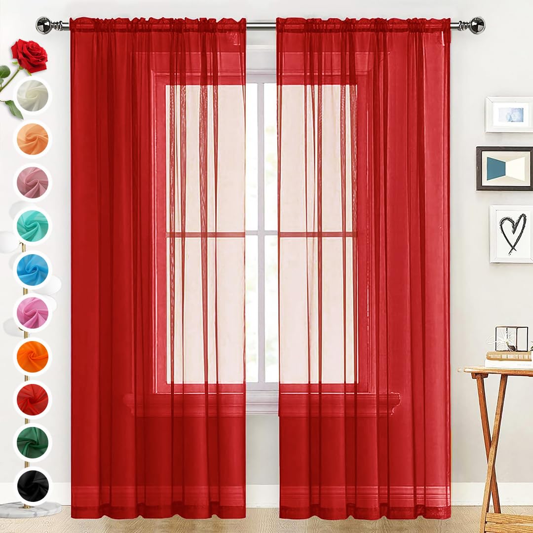 SpaceDresser Sheer Voile Window Treatment Rod Pocket Curtain Panels for Kitchen Bedroom Living Room Drapes Sunlight Filtering Privacy Semi Home Decor Assorted Colors Sizes (Christmas Red, 52 W x 63 L)