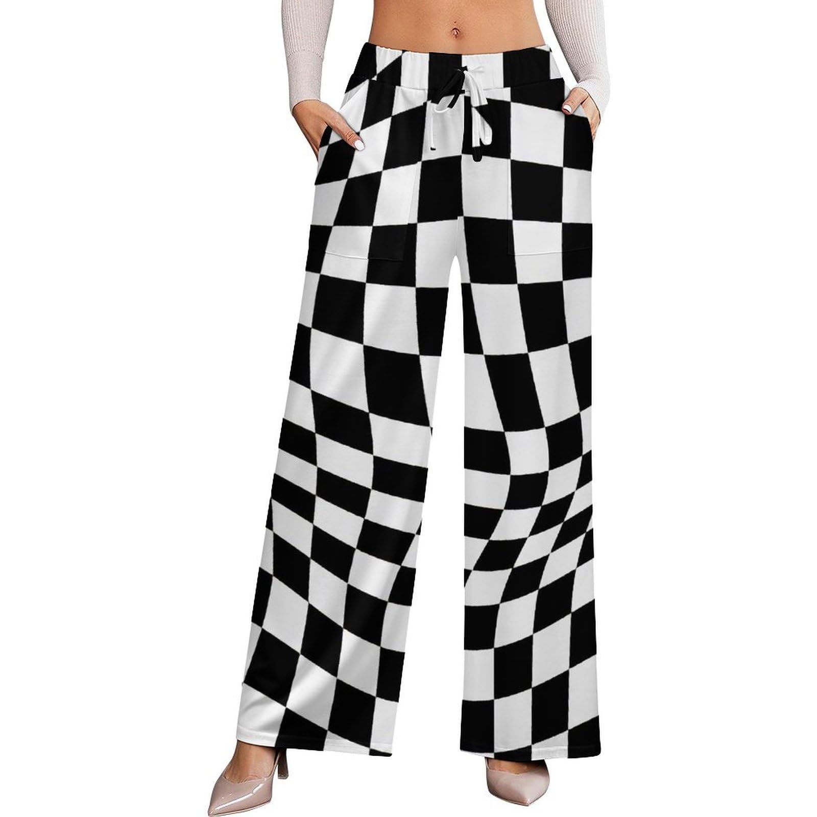 Dyale Wave Black and White Chessboard Womens Wide Leg Pants High Waisted Elastic Casual Sports Pants XS