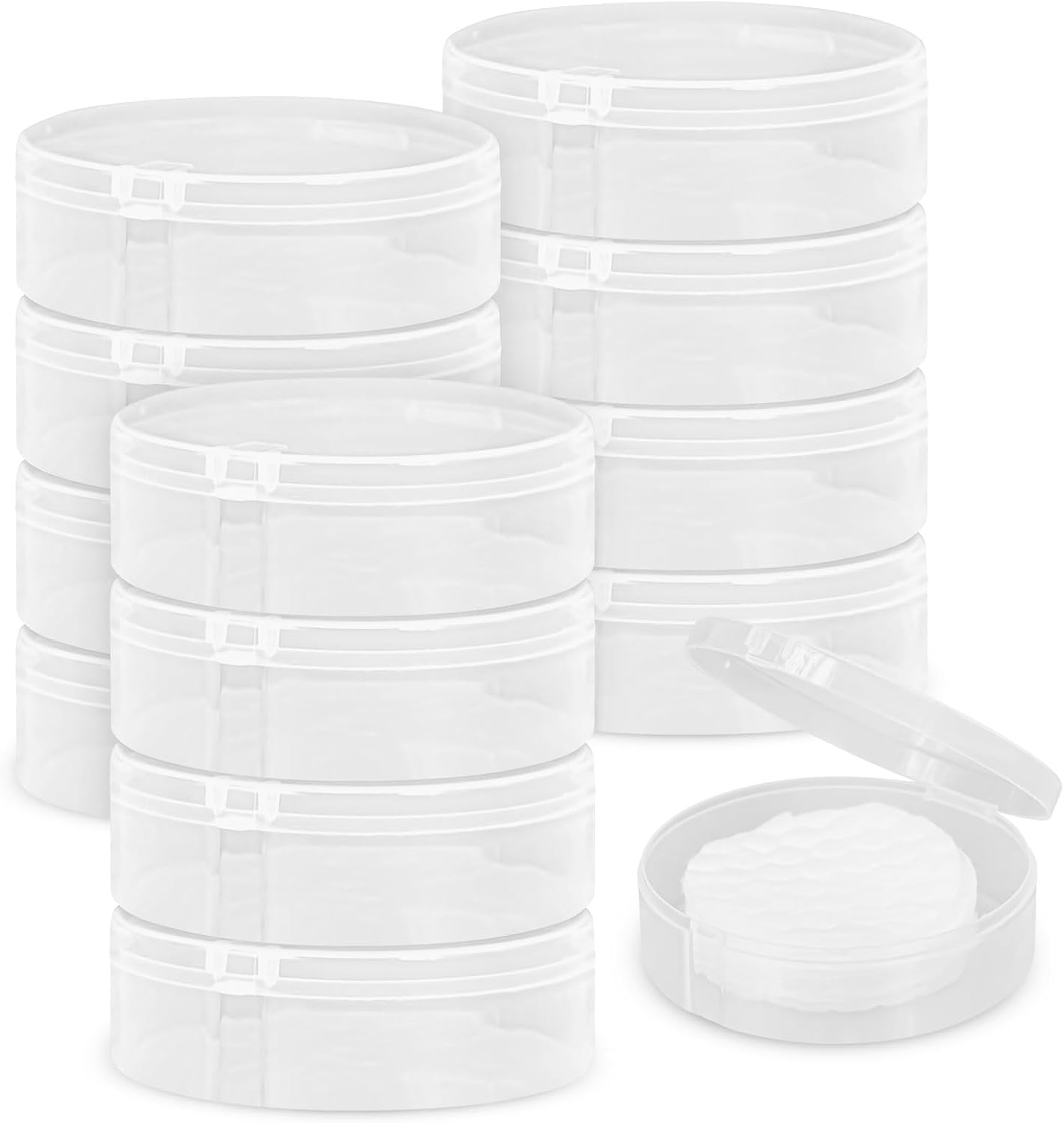 Plastic Cotton Round Holder Pack of 12 Cosmetic Cotton Pad Holder Portable Travel and Sealed Suitable for Makeup Remover Cotton Cotton Balls Beads (Whitish-Transparent)
