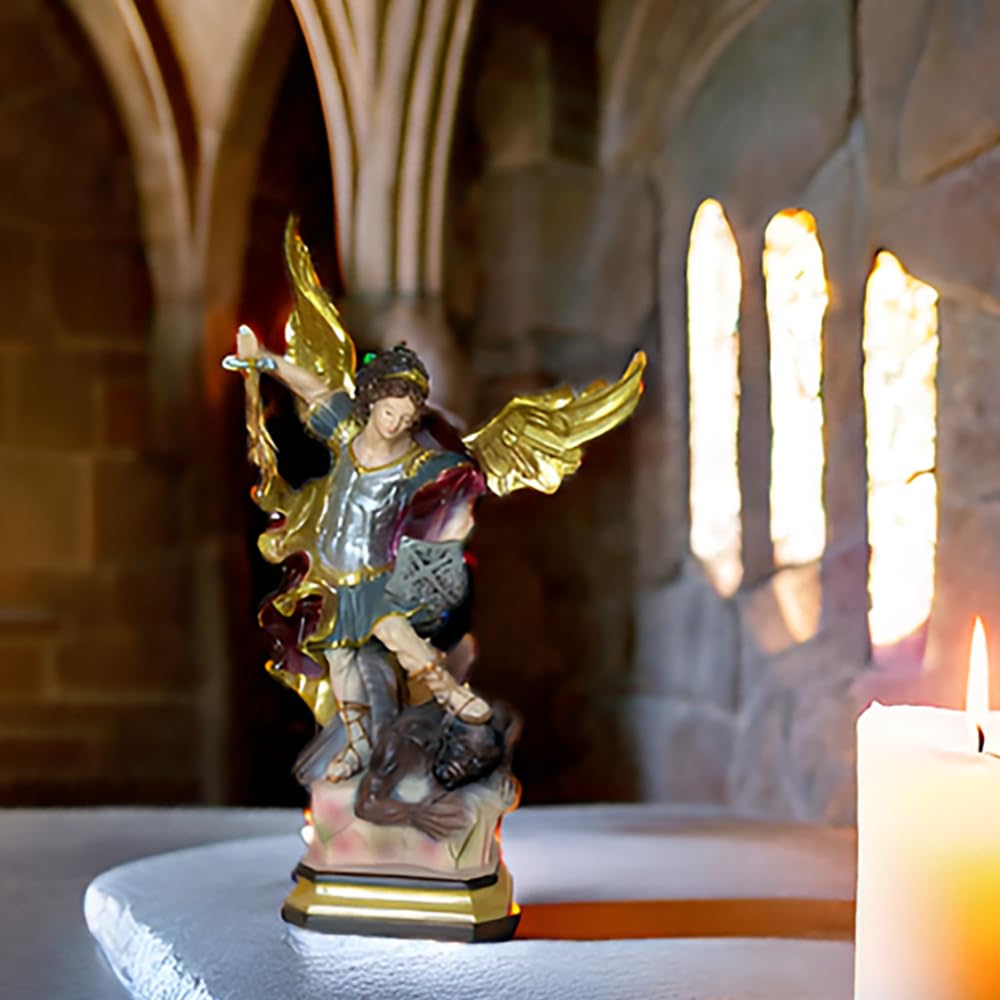 Geschenkidee - 30 cm Heiligenfigur Heiliger Michael Erzengel Schutzpatron Deutschlands und der Kirche - Handgemalte Figur auf Sockel - Hochwertiger Kunstguss aus Resin – Dekoration