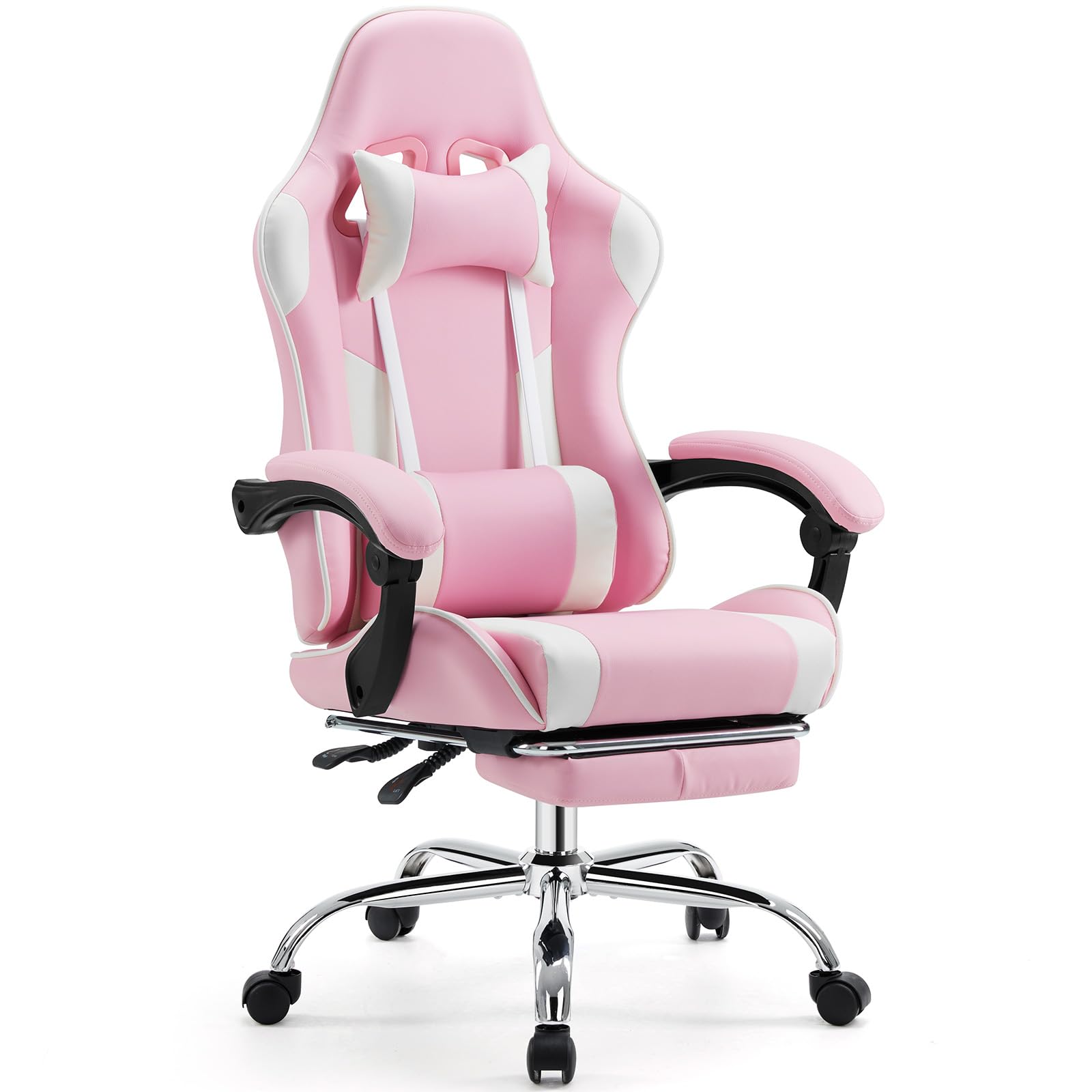 Ergonomic Video Game Computer Chairs with Footrest & Comfortable Lumbar Support,Height Adjustable Reclining Chair in PU Leather with Headrest and Fixed Armrests, 360° Swivel, White&Pink