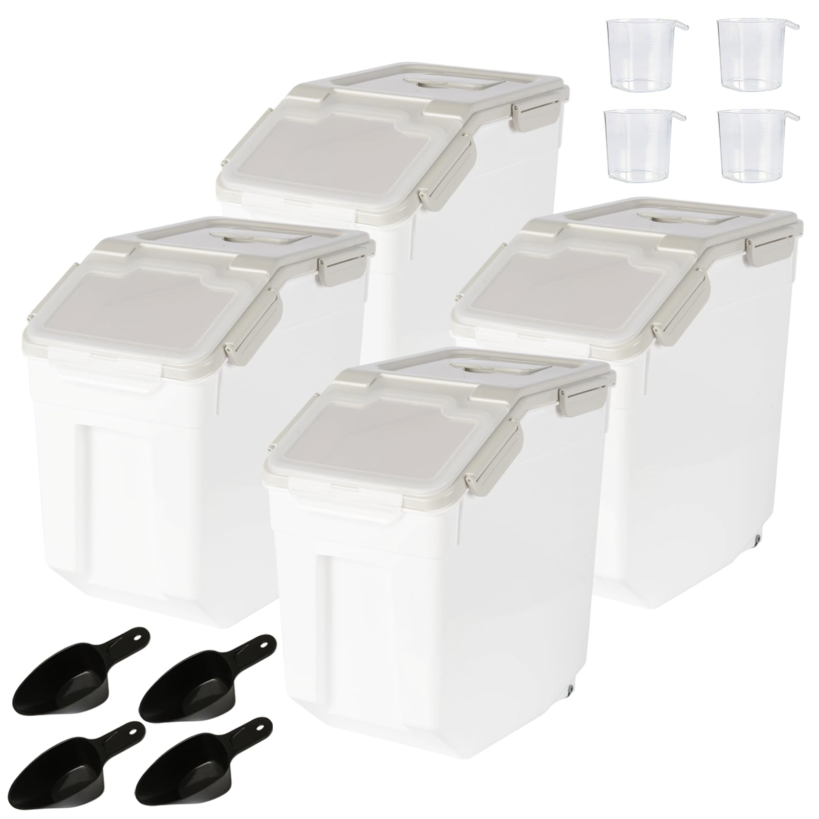 Uotyle 4Pcs 15L Airtight Cereal Containers with Wheels & Scoop (Grey)