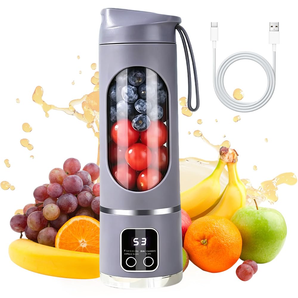 Portable Blender, 450ml USB Rechargeable Smoothie Maker, Personal Blender USB Rechargeable, Powerful Cordless Mini Blender with 12 Blades for Smoothies, Shakes, Juice for Home, Gym, Office (Purple)