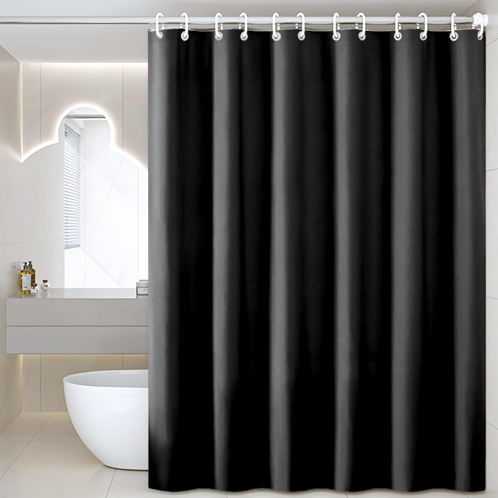 FAVORTALK Black Shower Curtain Mould Proof and Mildew Resistant Washable Polyester Bathroom Curtains Waterproof Solid Shower Curtains with 12 Hooks (71x79inch,180x200cm) 43904