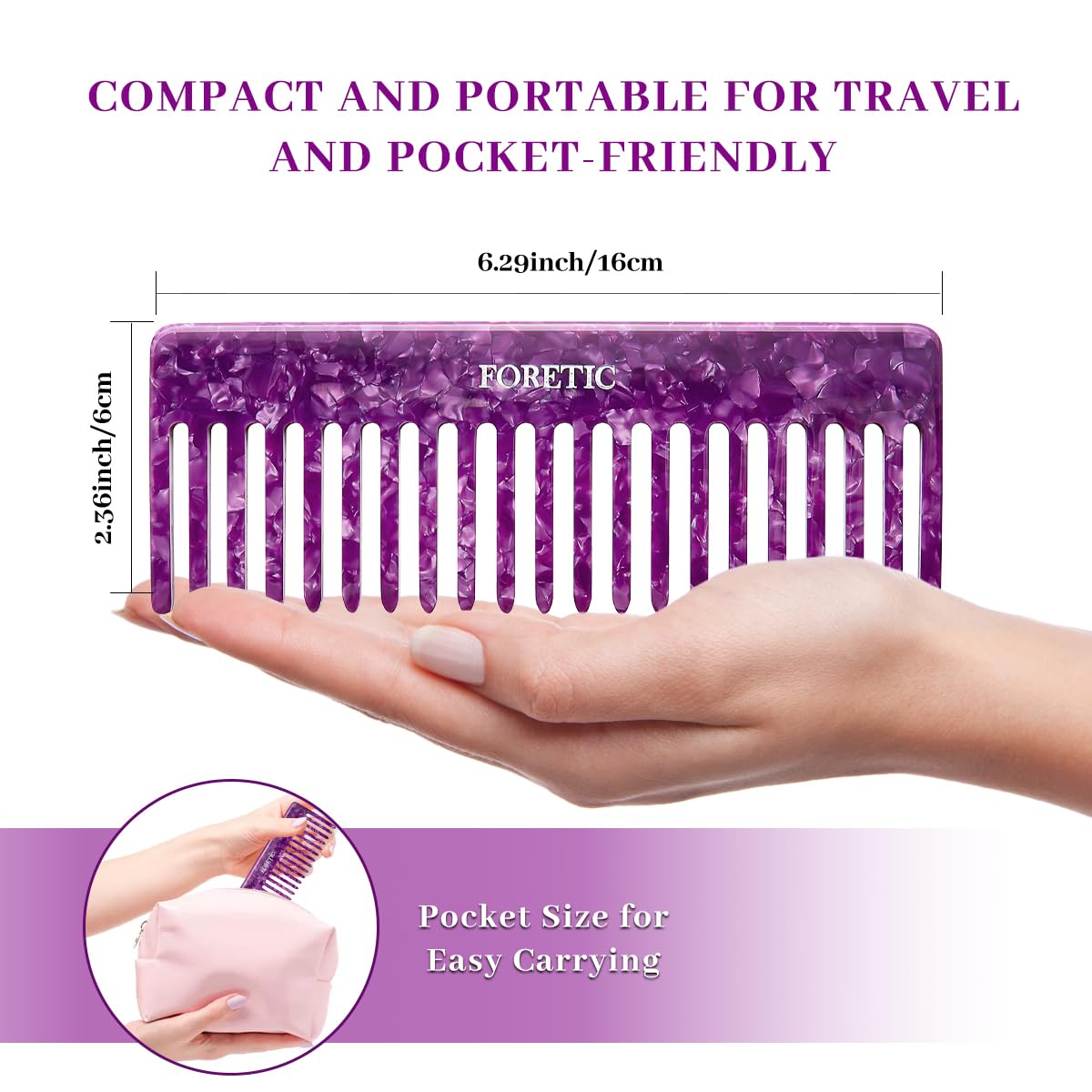 Peine grande de dientes anchos violeta brillante para mujeres, hombres y niños, hecho a mano, para cabello rizado. Peine desenredante de cabello largo y corto para uso húmedo y seco. Peine profesional 3