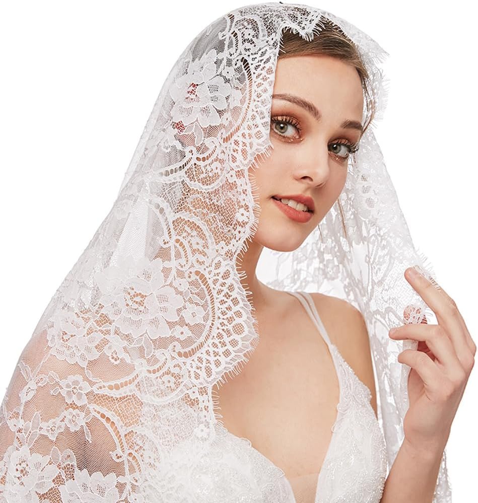 PRINCESS BRIDE Lace Mantilla Veil Vintage Floral Lace Scarf Triangle Wedding Veil White Chapel Veils Catholic Mass Church