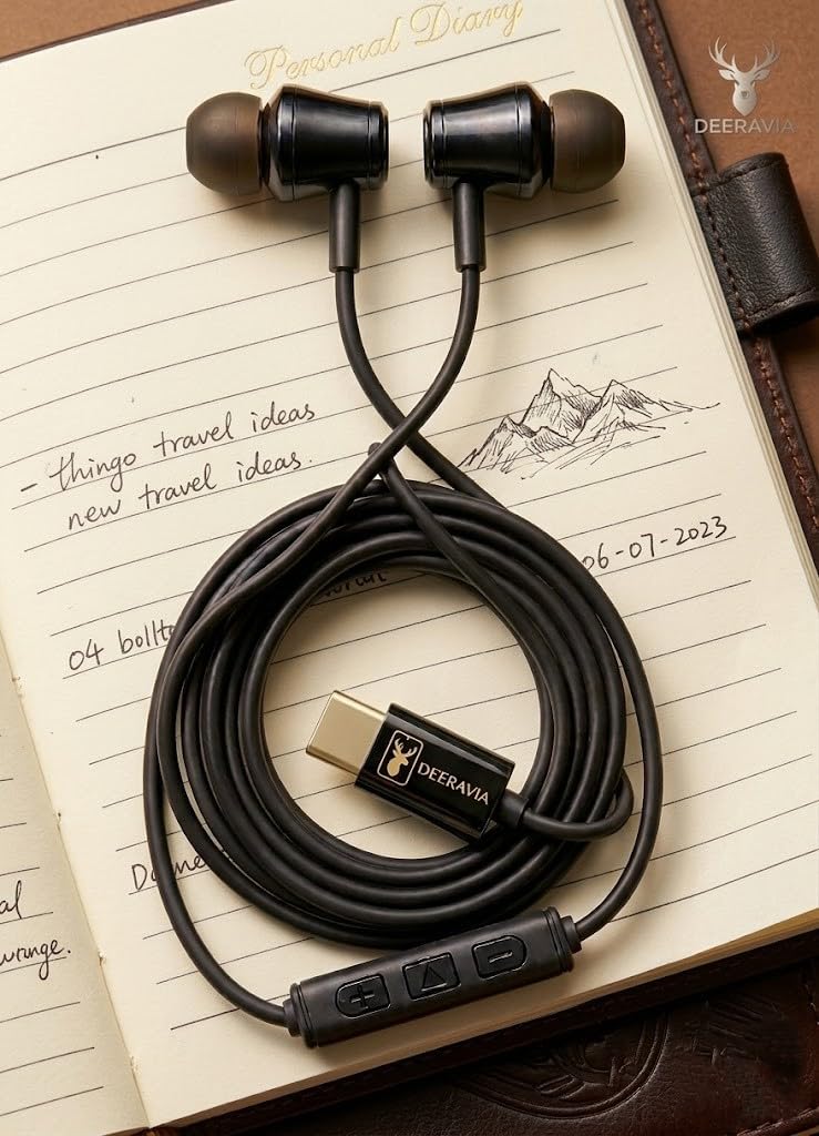 deeravia type-c wired earphones with 10mm dynamic driver | pure copper wire, detachable silicone tips, tangle-free magnetic design, android & ios compatible