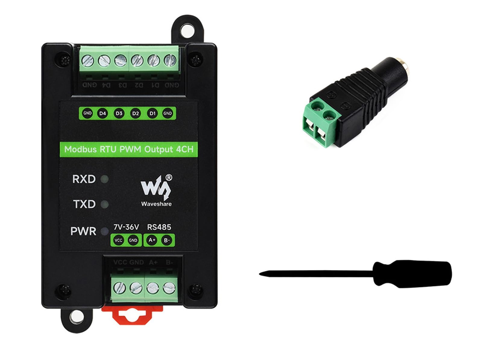 Modbus RTU PWM Output Module 4CH, Isolated RS485 to 4-Channel PWM Controller, Adjustable Frequency & Duty Cycle, 7-36V Power Input, DIN Rail Mount Case, Surge/TVS Protection, LEDs