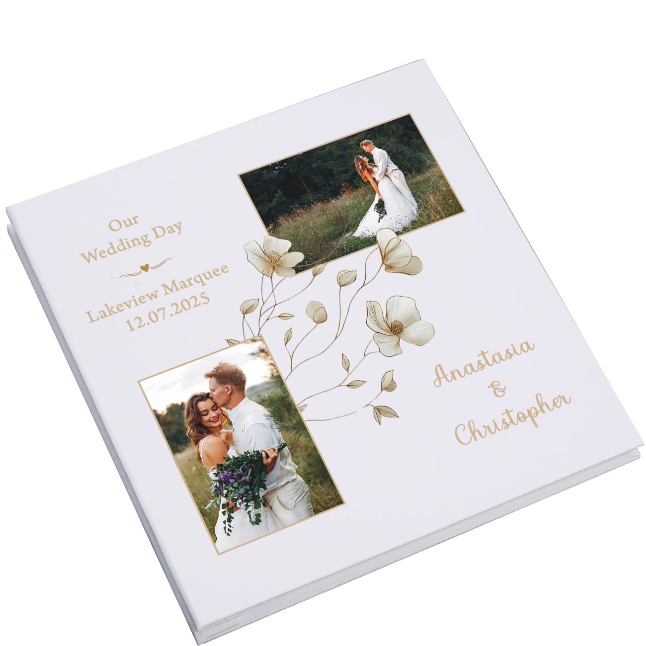 Personalised Large Linen Wedding Photo Album Custom Photos Memory Keepsake Album With Gold Frame and Flower