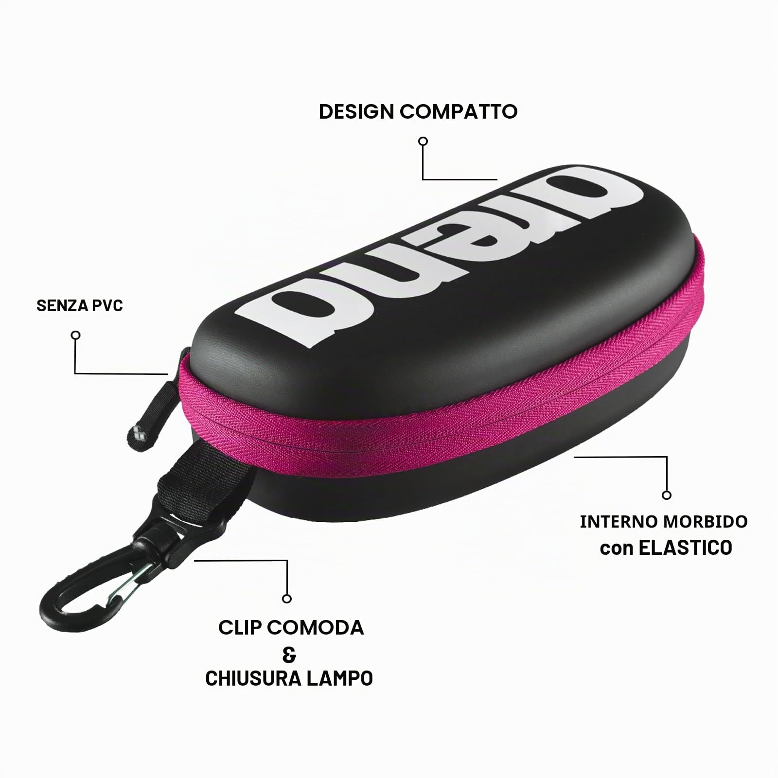 Arena Unisex Swimming Goggles Case for Swimming Goggles (Hard Shell, Carabiner), Black White Fuchsia (509), One Size