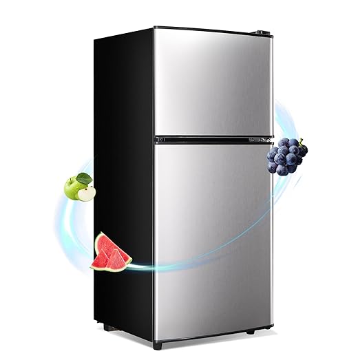 Apartment Size Refrigerator, 3.6 Cu.Ft Small Refrigerator with Freezer Suitable for Apartment, Office, Kitchen, Dorm, Compact Fridge with 7 Temperature Modes, Double Door, Silver