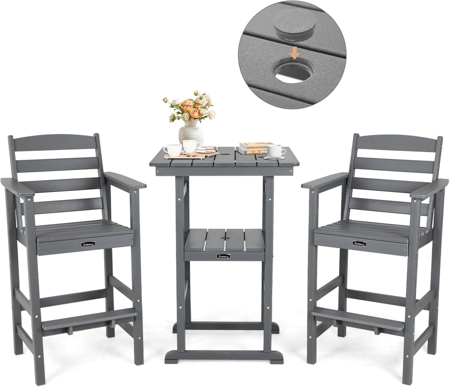 FUNBERRY Outdoor Bar Set with Umbrella Holes, Tall Adirondack Chairs and Table, All Weather HDPE Bar Height Outdoor Table and Chairs Set for Bistro Patio Balcony