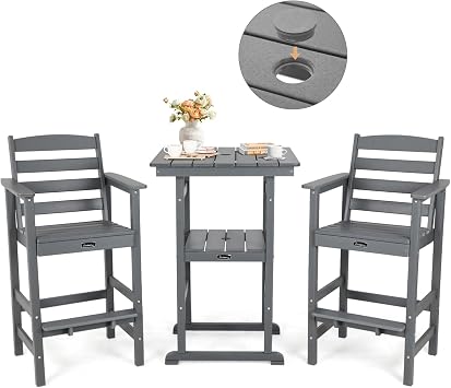 Oversized Outdoor Bar Set, Tall Adirondack Chair & Table with Umbrella Hole | HDPE All Weather, No Rot or Rust or Crack, UV Fade Shield, Footrest, Ergonomic Design, Easy-Clean for Bistro Patio Balcony