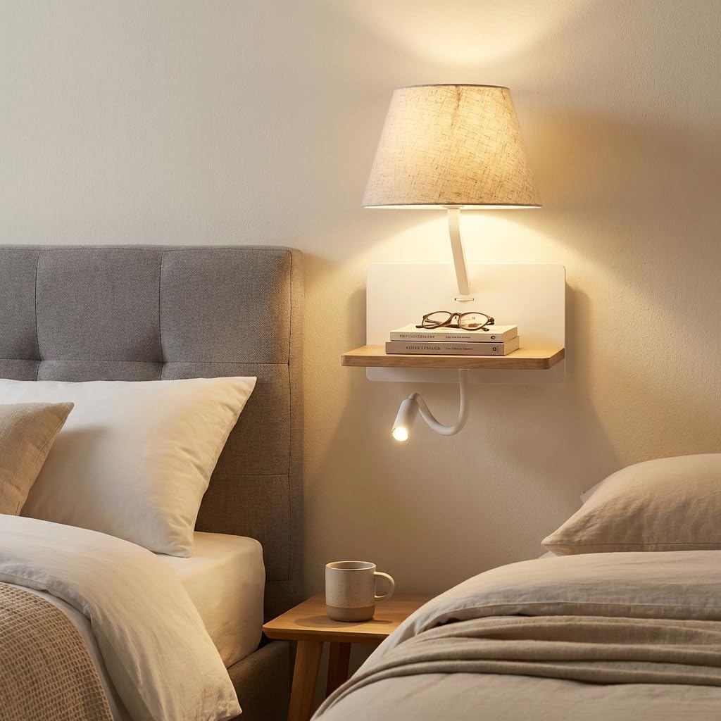 BARCELONA LED applique da parete con paralume in tessuto BEIGE, USB e USB-C ricarica, mensola in legno, luce lettura LED E27, stile naturale retrò industrial moderno minimalista classico camera