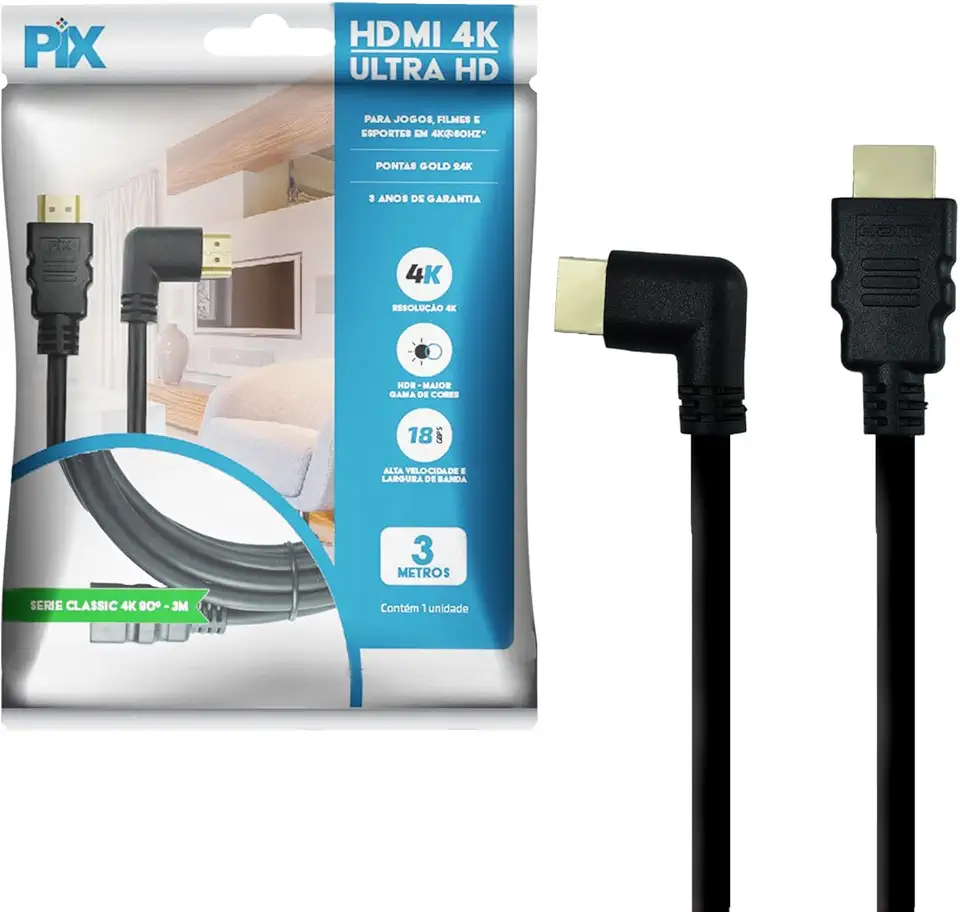 PIX Cabo HDMI 2.0 4K 19 Pinos - Plug 90 Graus, 3 Metros