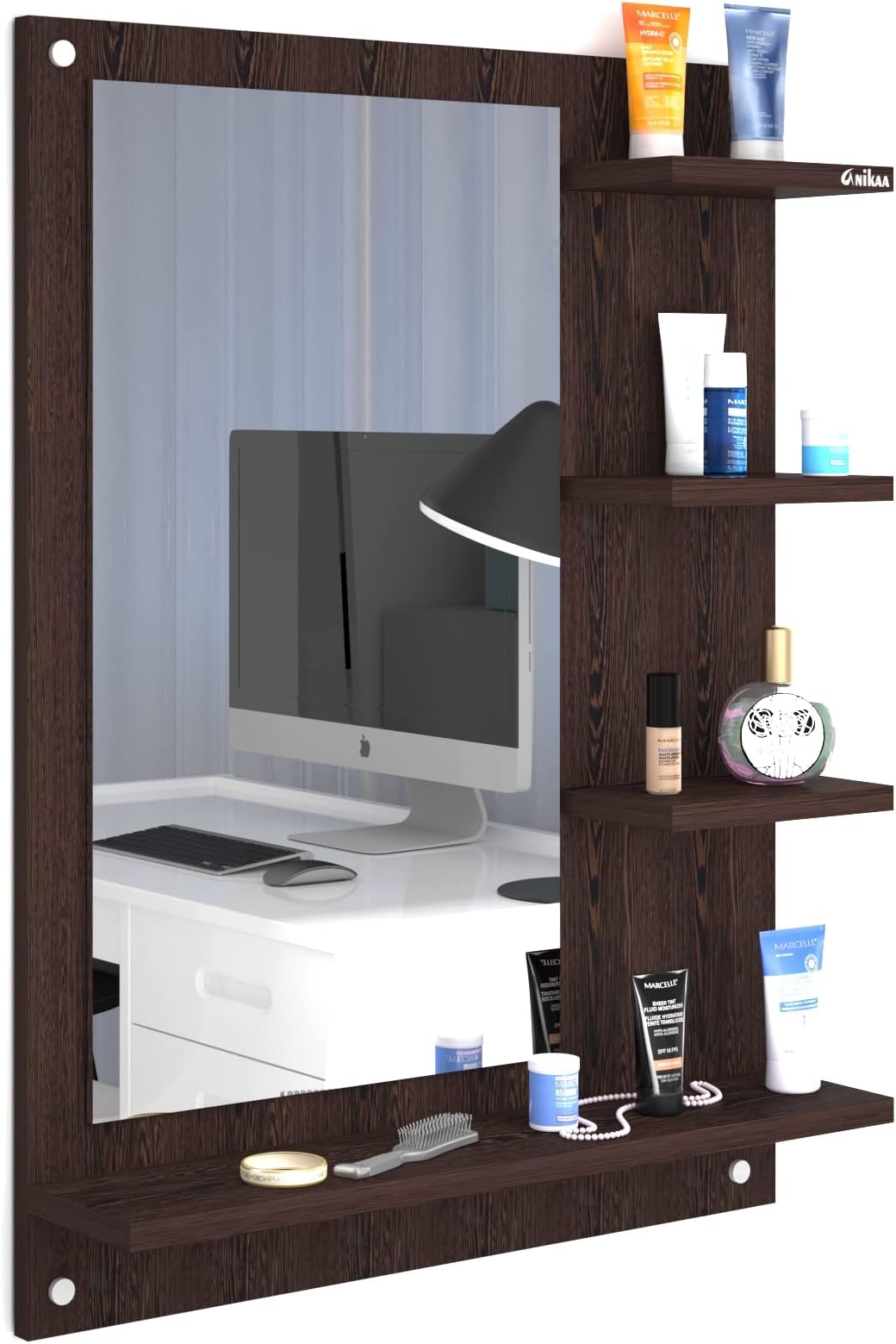 Wood Mavis Wall Mounted Hanging Dressing Mirror with Shelves for Living Room Bedroom (Wenge), 60 Cm, 1.7 Cm