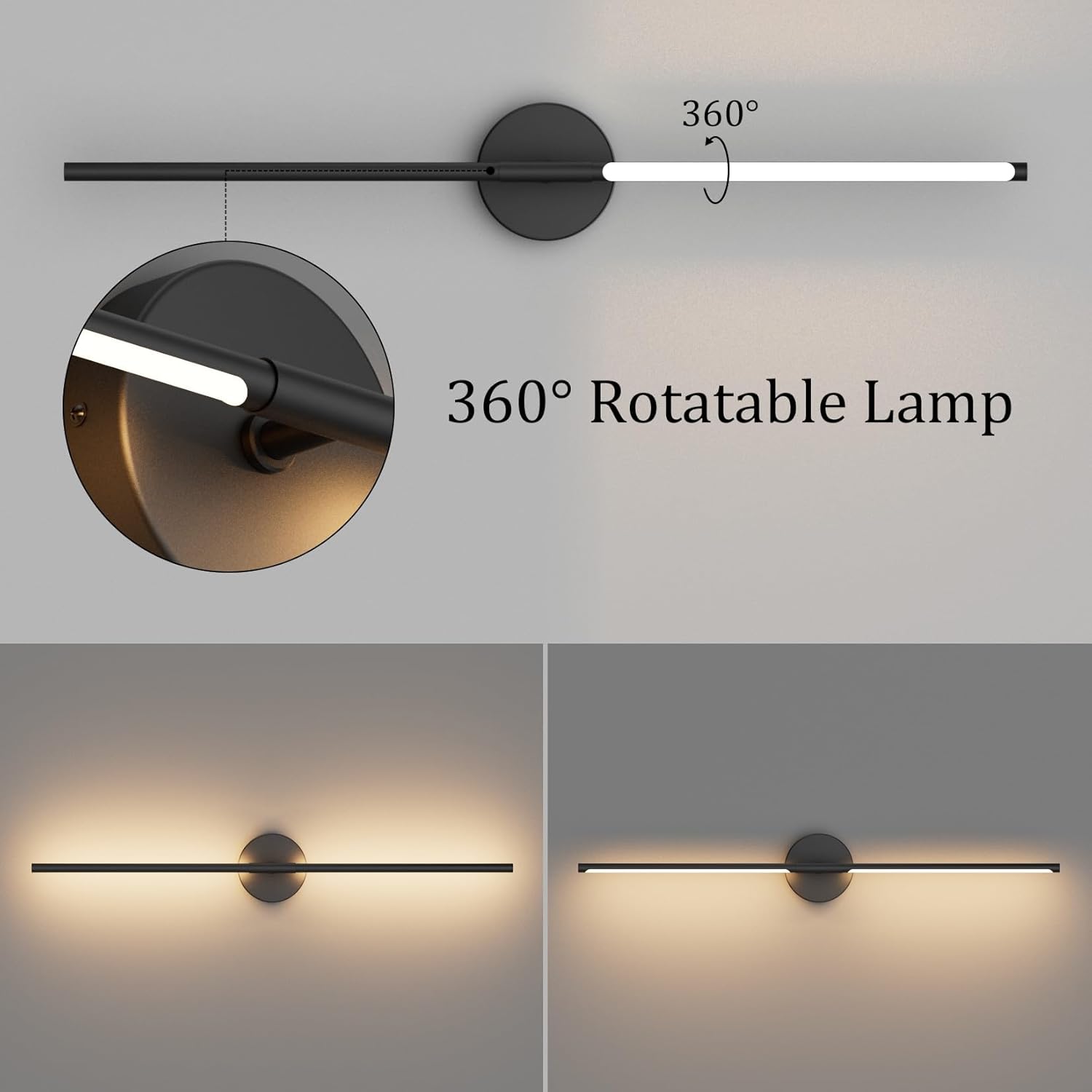 Modern Wall Sconce for Bathroom & Bedroom - 33In Black Vanity Light Fixture - 3000K Warm Light - 360 Rotate Over Mirror