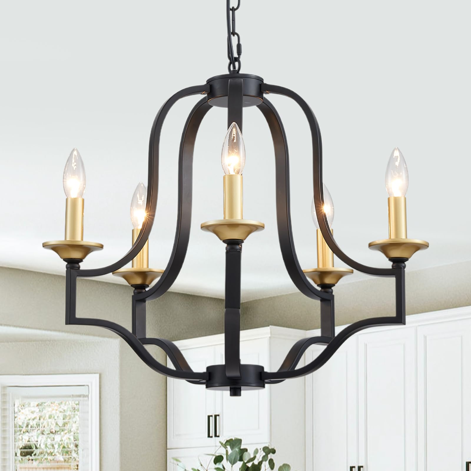Photo 1 of Majhoiw Black and Gold Candle Chandelier 5 Lights Modern Industrial Pendant Lighting Fixtures E12 Base Height Adjustable Hanging Lamp for Dining Room Living Room Kitchen Foyer
