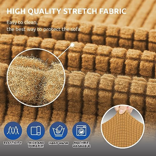 KEKUOU Stretch Sofa Cover Slipcover ,Couch Covers for 3 Cushion Couch Sofa pet Friendly (78"-94") Furniture Protector Sofa with Elastic Bottom for Kids,Dog, Jacquard Small Checked(Large,Golden)