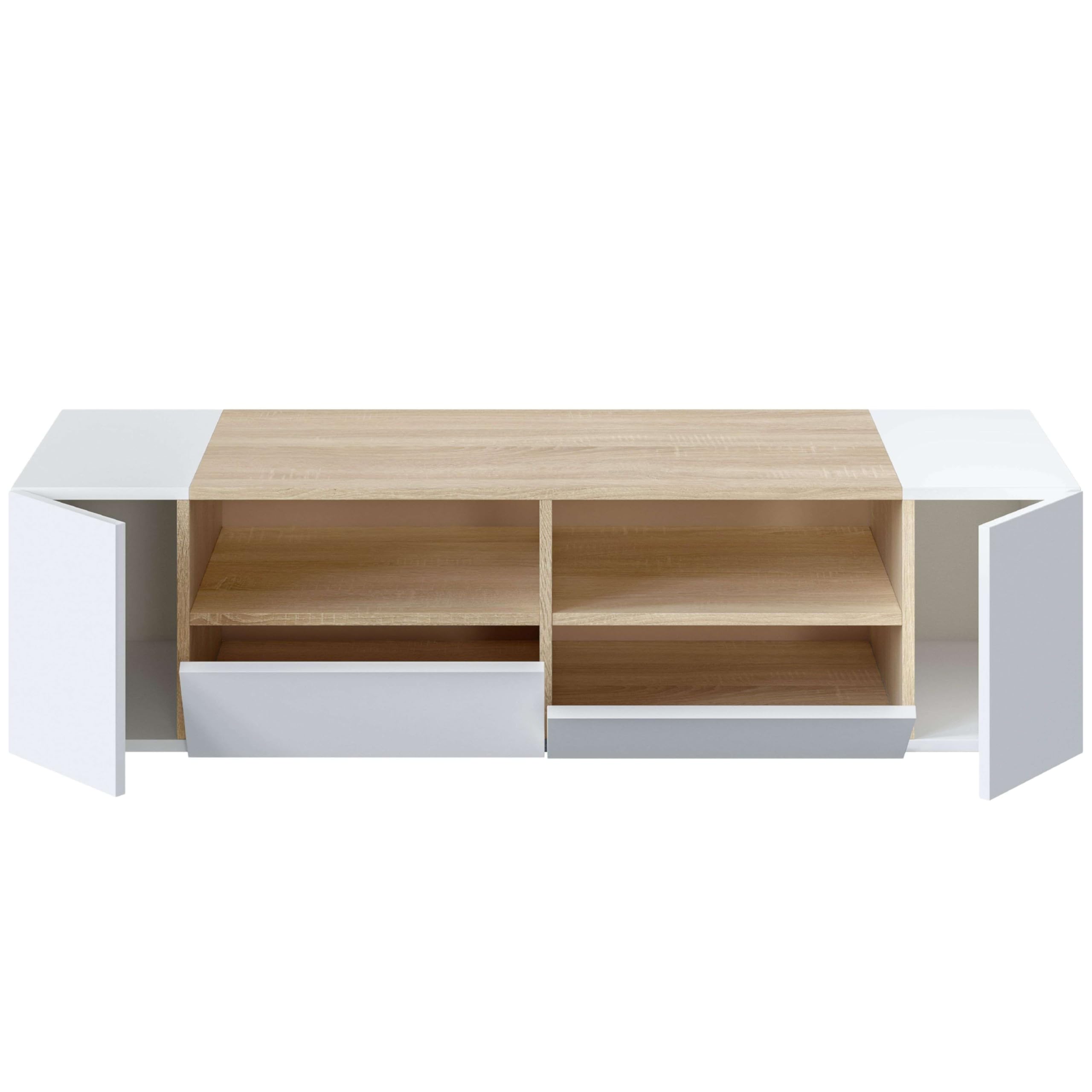Habitdesign Modulo TV, Mueble de Salon, Juego de Muebles, Modelo Tamiko, Acabado en Blanco Artik y Roble Canadian, Medidas: 138 cm (Largo) x 42 cm (Fondo) x 36 cm (Alto)
