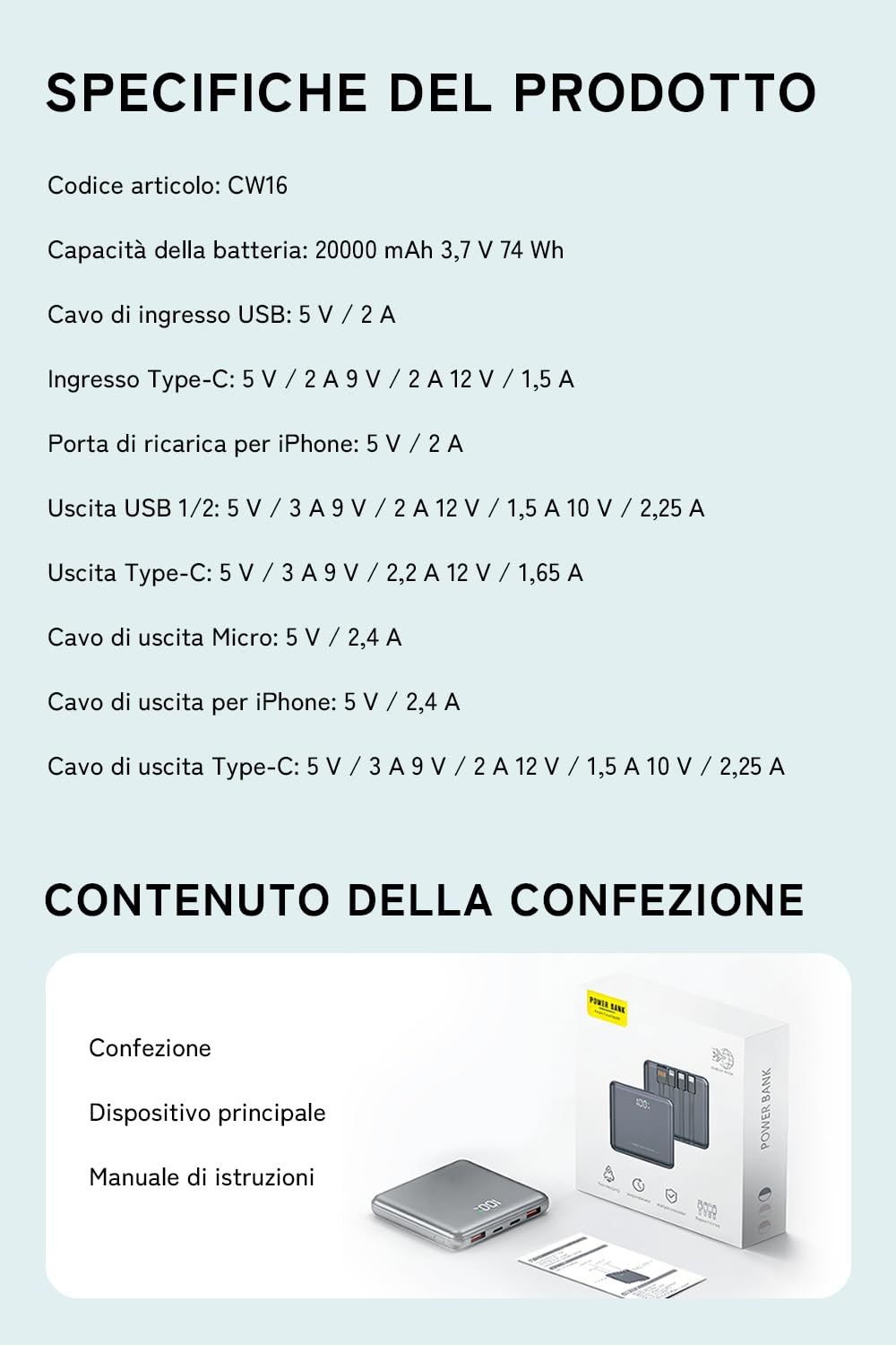Power Bank 20000mAh con Cavi Multi-Integrati, Ricarica Rapida PD 22.5W, Fino a 6 Dispositivi Contemporaneamente, Compatta e Leggera（Grigio）