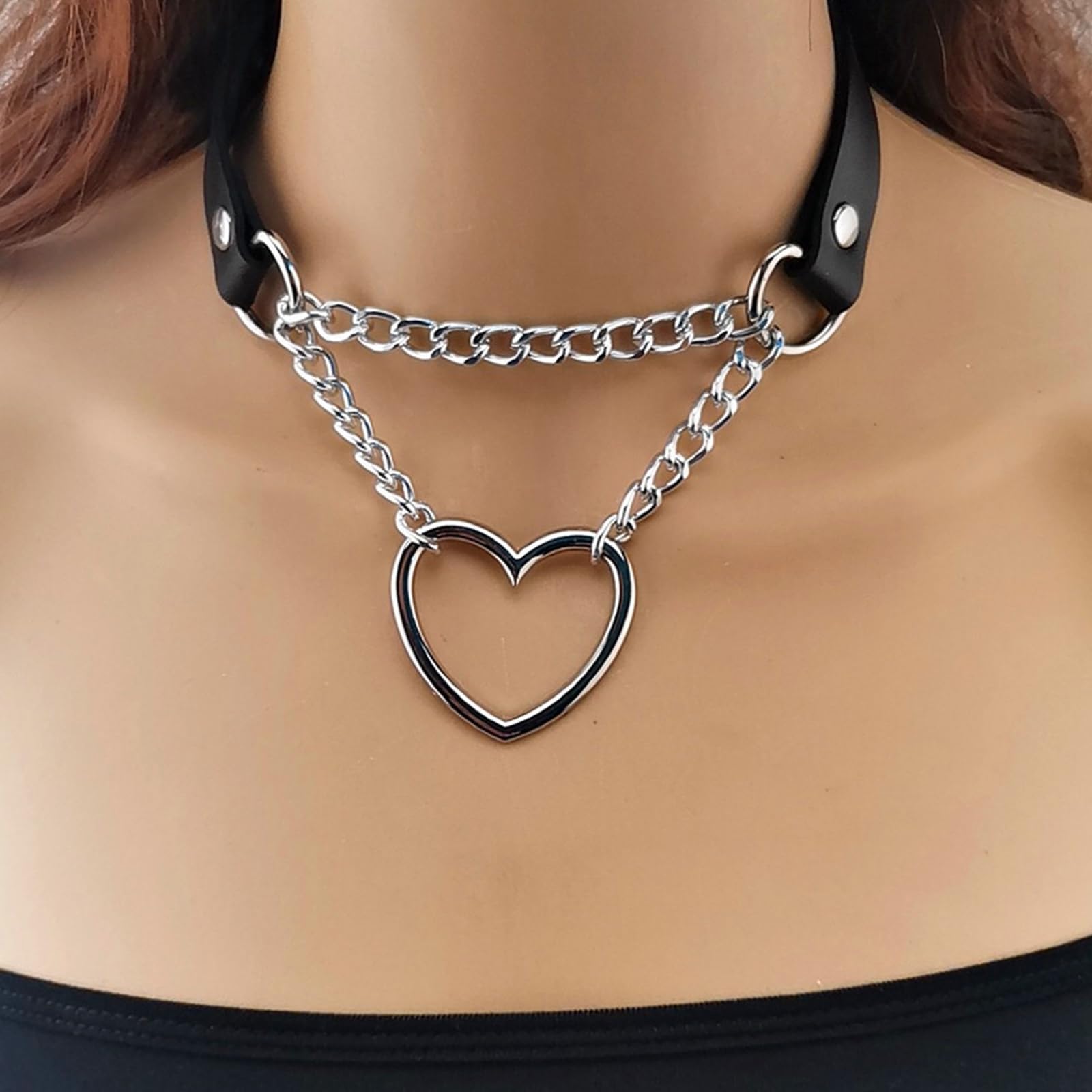 2PCS Vintage Gothic Punk Choker, Nero Borchiato In Pelle, Cuore In PU - Collana Regolabile
