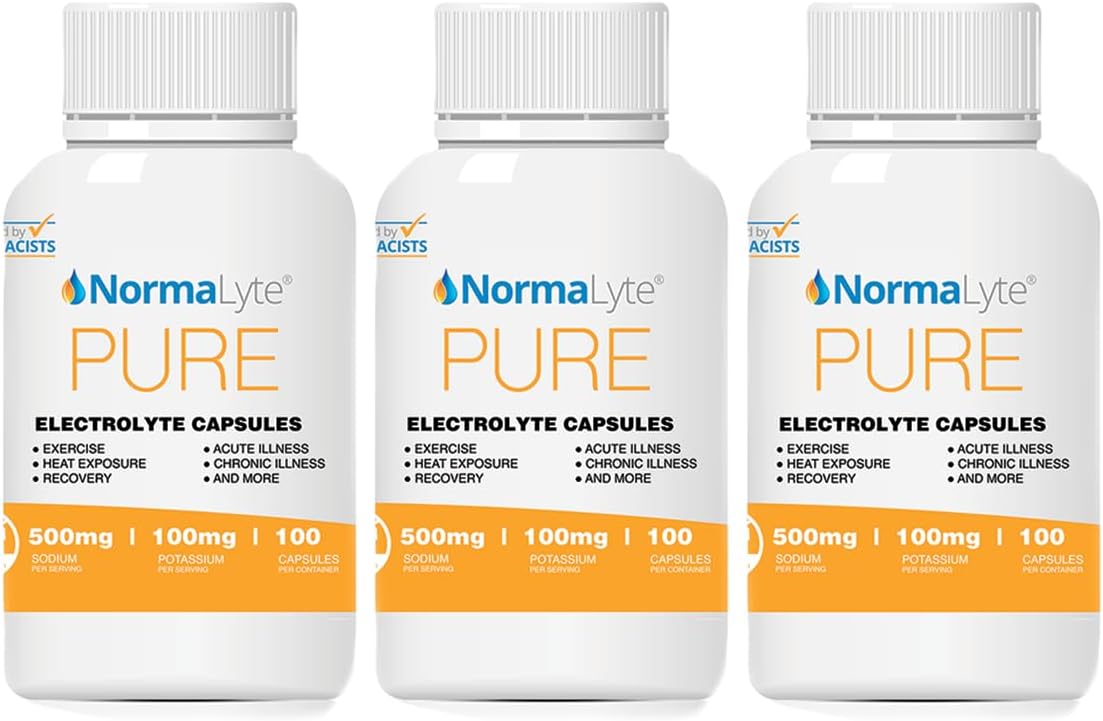 NormaLyte Pure Electrolyte Salt 100 Capsules 3 Bottles Electrolyte Pills, Potassium Supplement, Energy Supplement, 0 Calories, Sugar Free, Dehydration