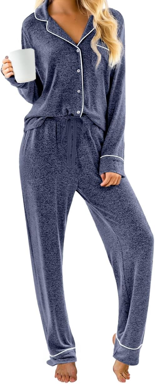 PrinStory Womens Pajama Sets Long Sleeve Pajamas Set Button Down Pjs Sets for Women 2 Piece Lounge Set
