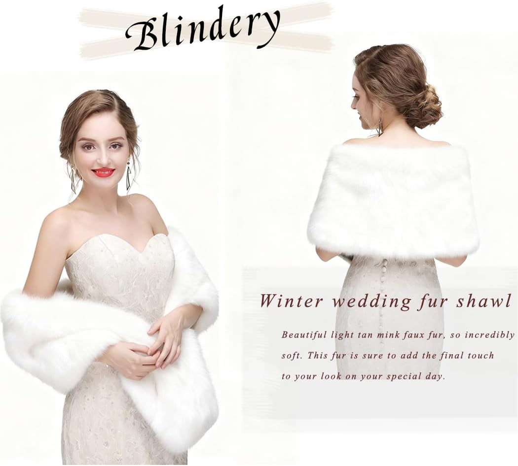 Wedding Fur Shawls and Wraps Women's Fur Scarf Faux Bridal Fur Stole with Brooch for Brides and Bridesmaids